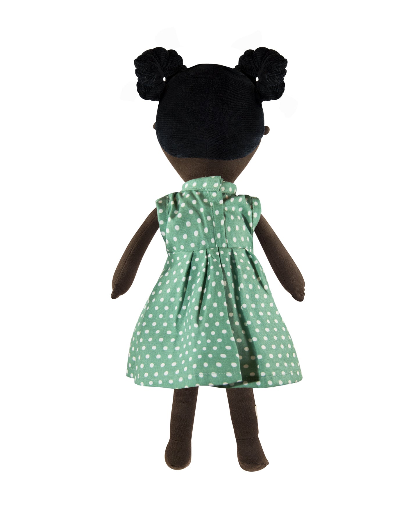 weiche Kuschelpuppe aus Bio-Stoff mit Schwarzer Hautfarbe und punkte Kleid  um spielen