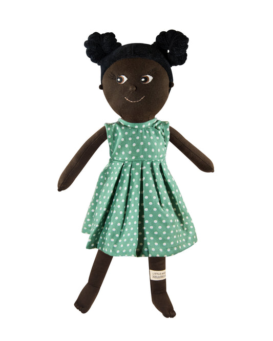 weiche Kuschelpuppe aus Bio-Stoff mit Schwarzer Hautfarbe und punkte Kleid