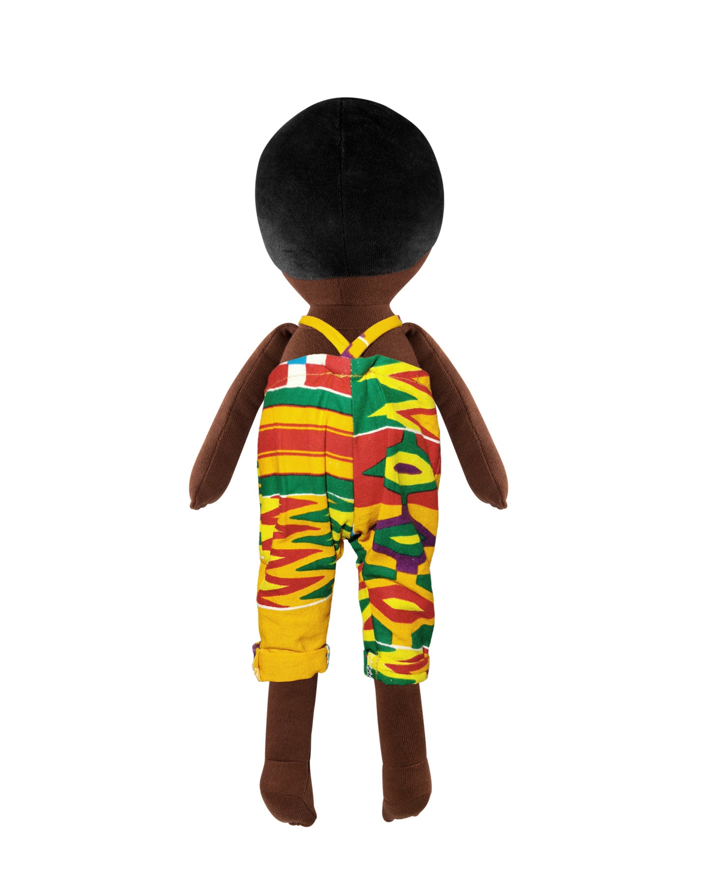 Handgemachte Stoffpuppe mit bunter Hose und schwarzen Haaren, 45 cm groß