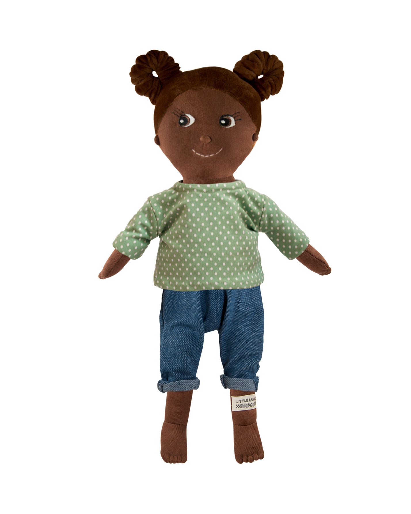 Handgemachte Stoffpuppe mit blauer Hose und braunen Zöpfen, 45 cm groß