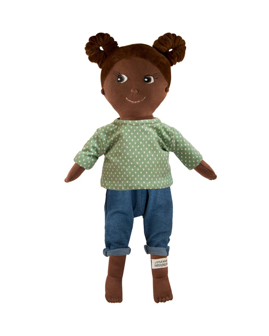 Handgemachte Stoffpuppe mit blauer Hose und braunen Zöpfen, 45 cm groß