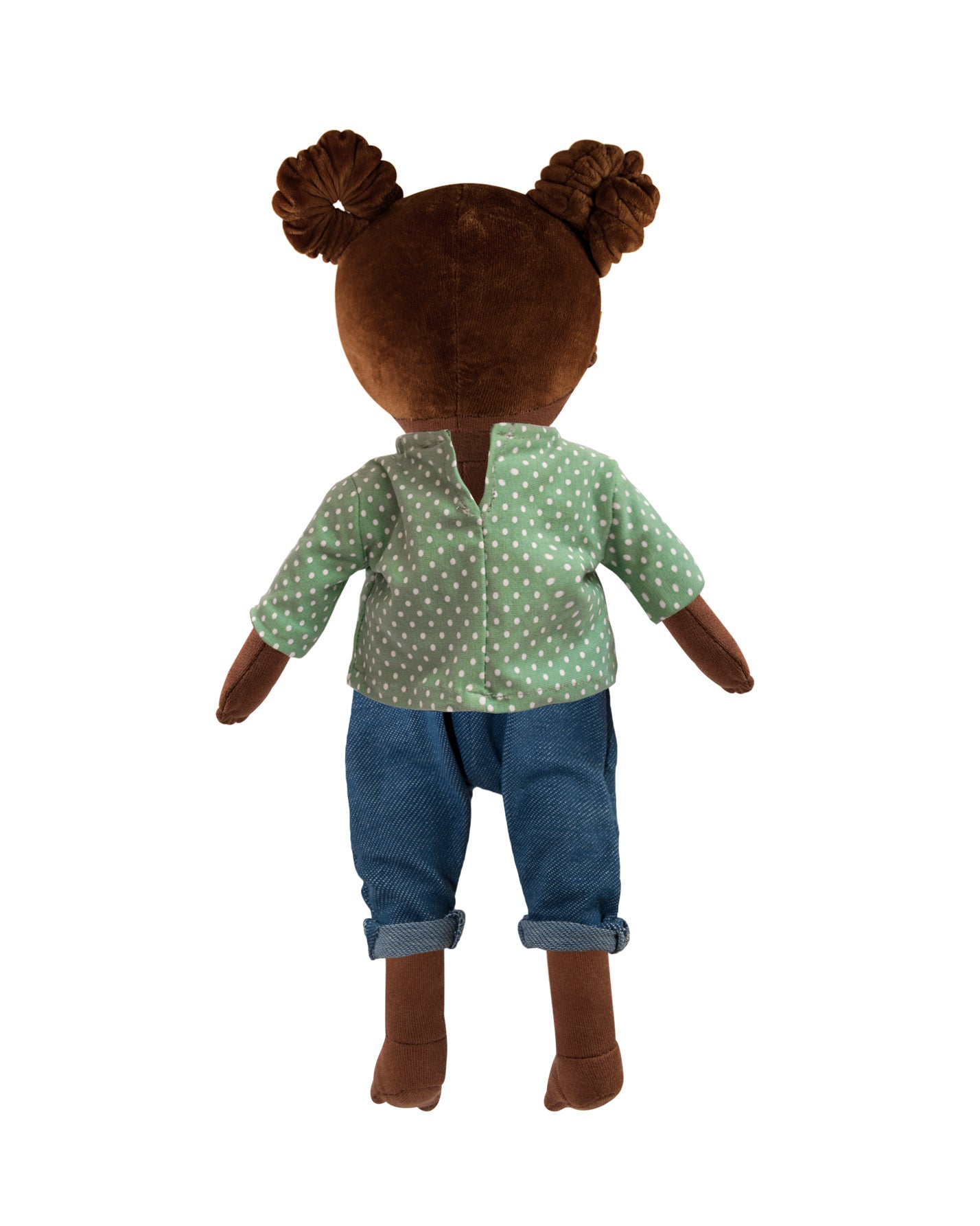 Handgemachte Stoffpuppe mit blauer Hose und braunen Zöpfen, 45 cm groß