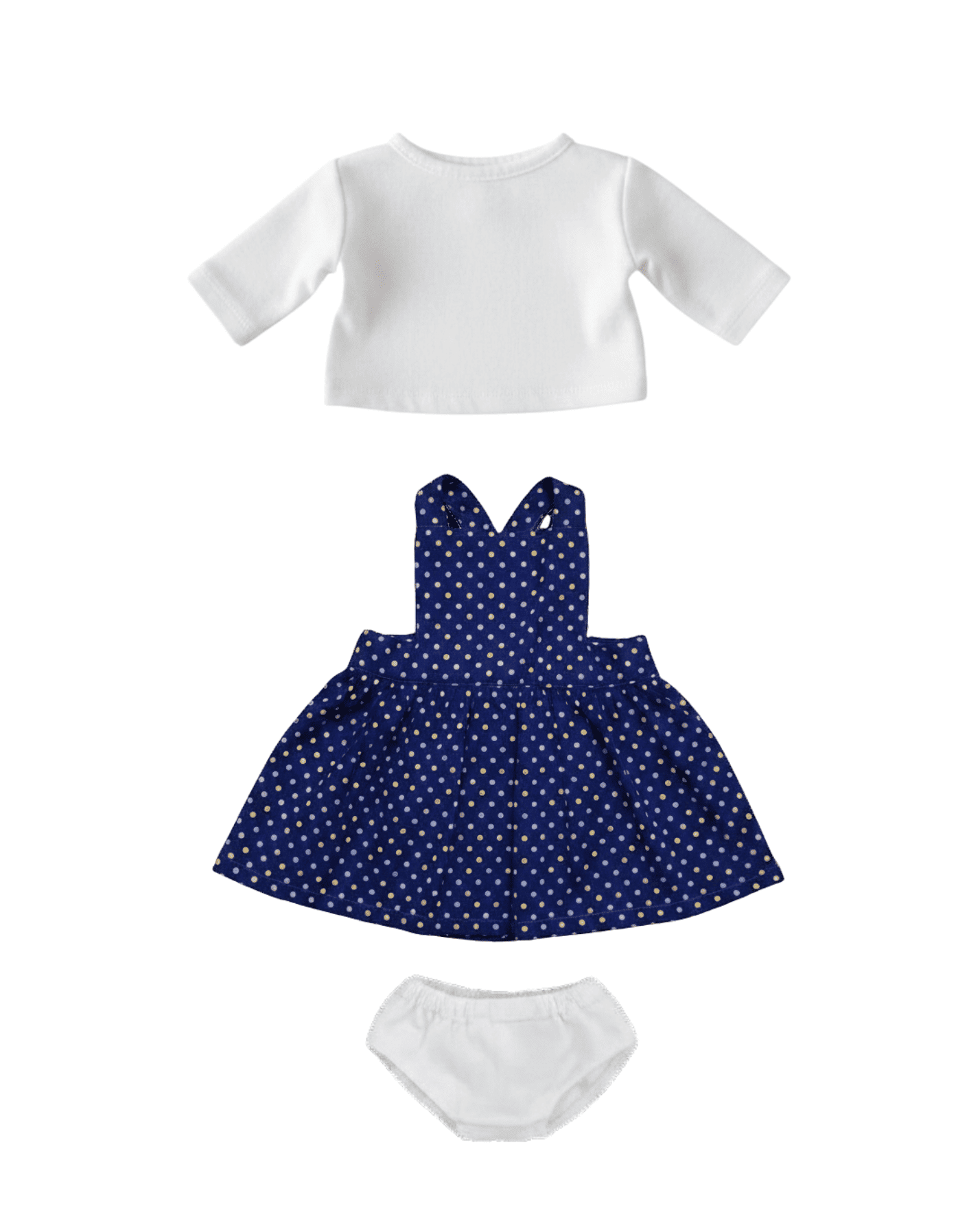 Puppen Outfit Pünktchen von LITTLE ASHÉ: blau gepunktetes Kleid, weißes Jersey-Oberteil und weiße Unterhose aus Bio-Stoff