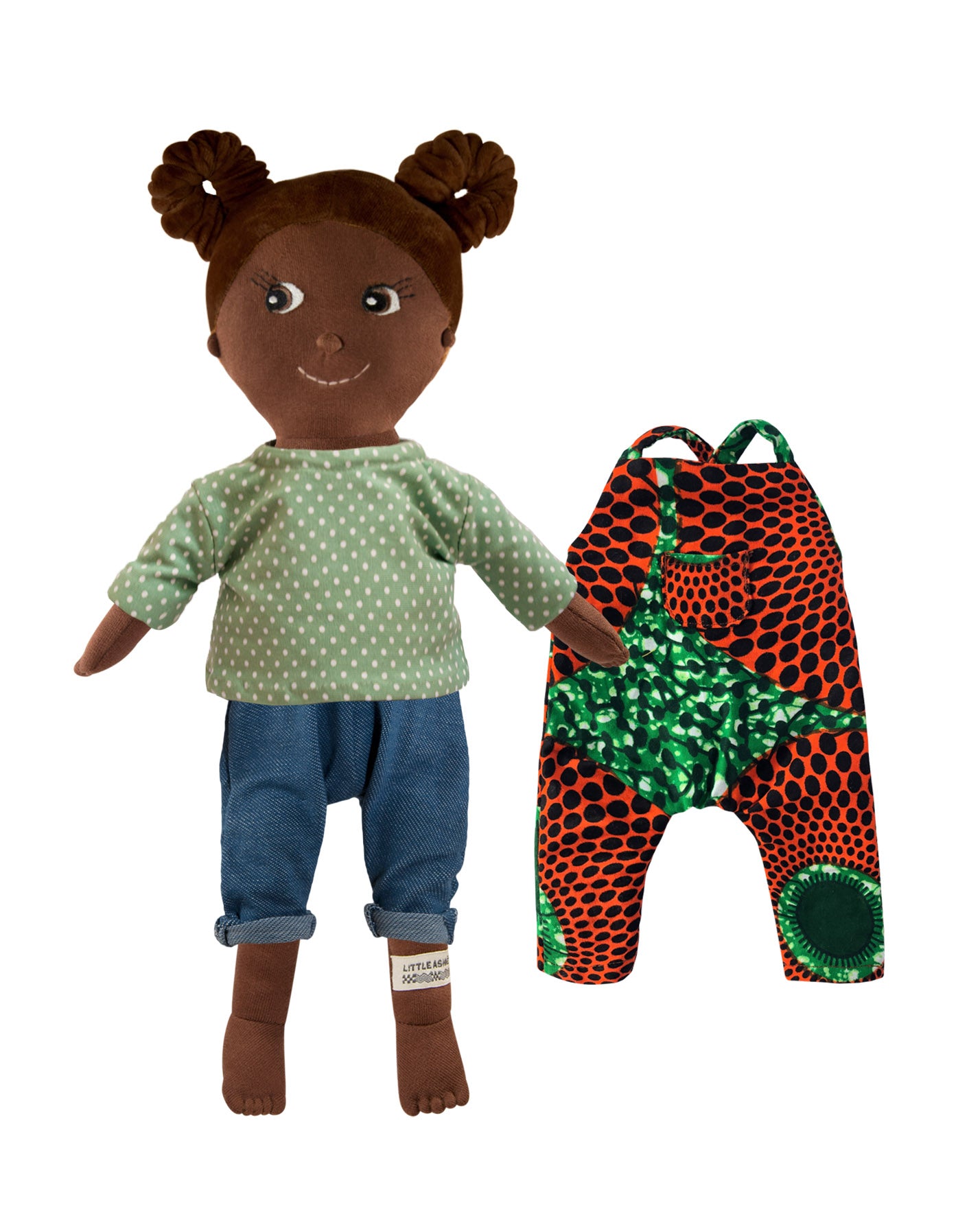 Kinderpuppe mit Haarzöpfen und Puppen Outfit aus Baumwolle
