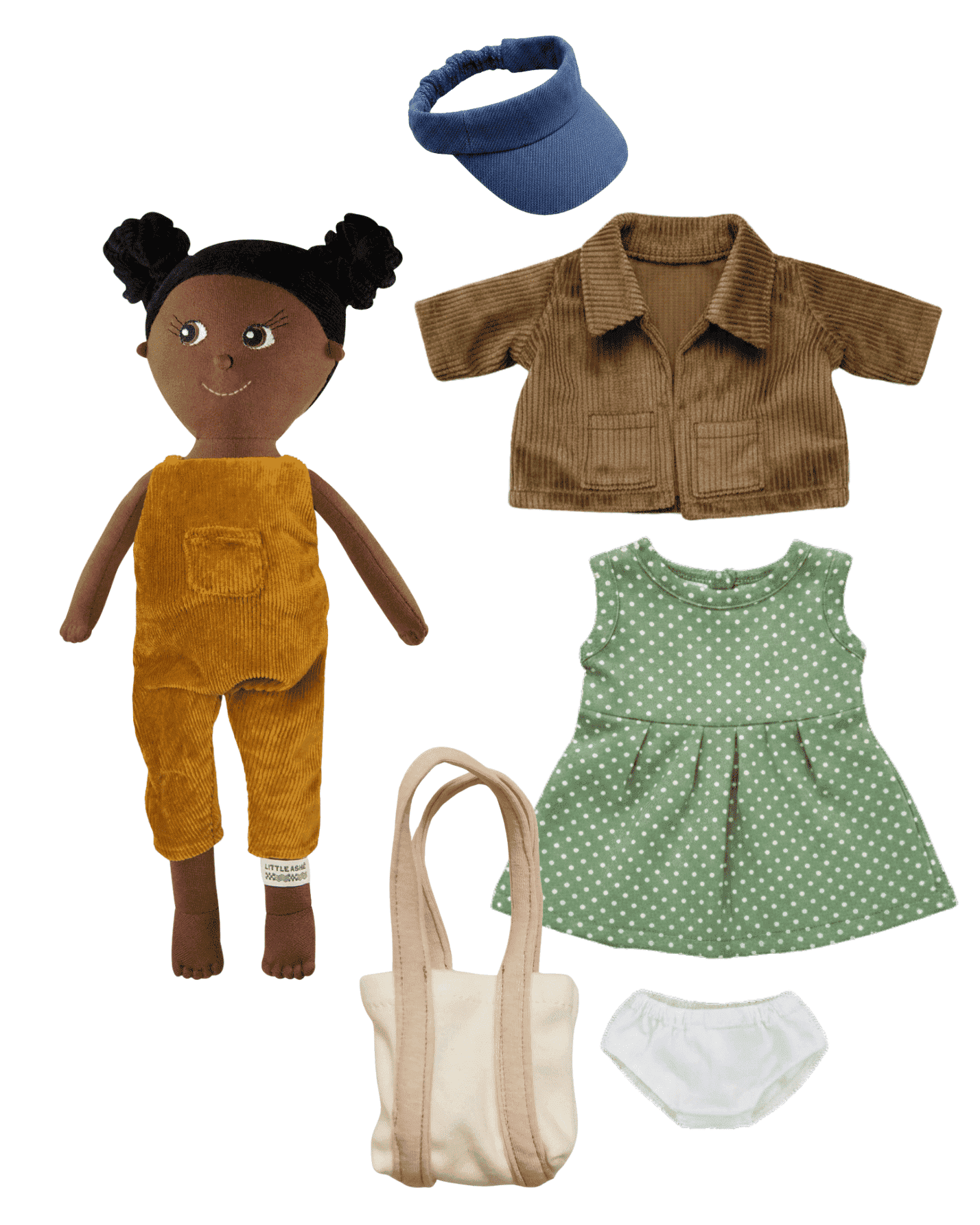 Bio-Stoffpuppe TAYA von LITTLE ASHÉ mit Kleiderbundle: gepunktetes Puppenkleid, Cord-Jacke in Oliv-Grün, blaue Mütze und beige Tasche